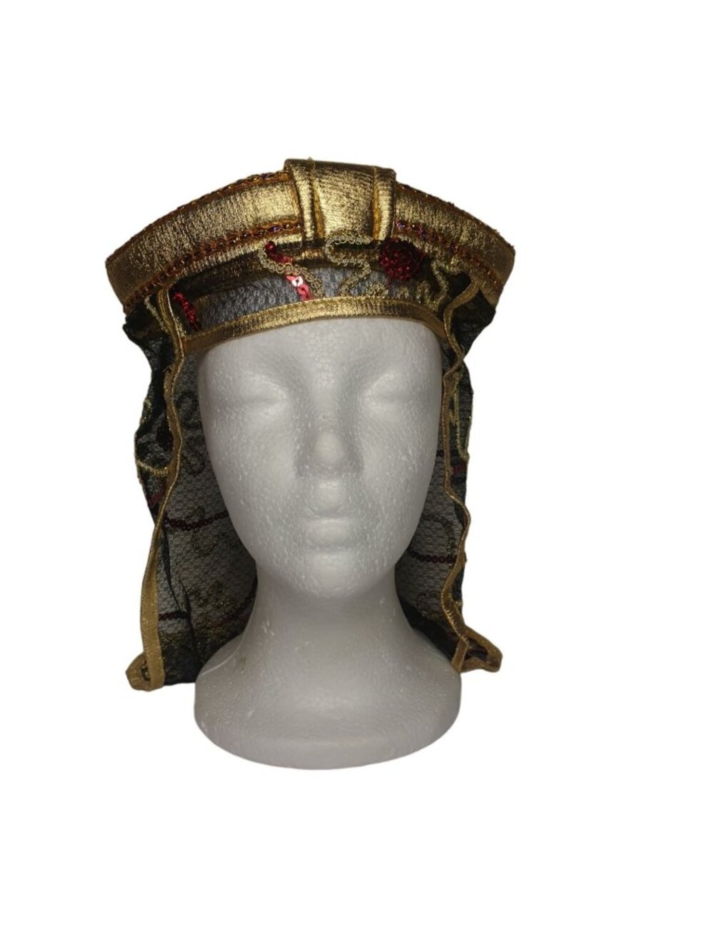 Egyptian-Style Costume Headpiece Gold Black Mesh Floral Embroidery & Sequins